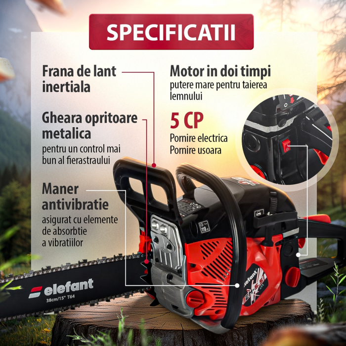 Drujba pe benzina ELEFANT EM-5.5, 10000RPM, 5,5 CP, 2 lame. 2 lanturi [2]