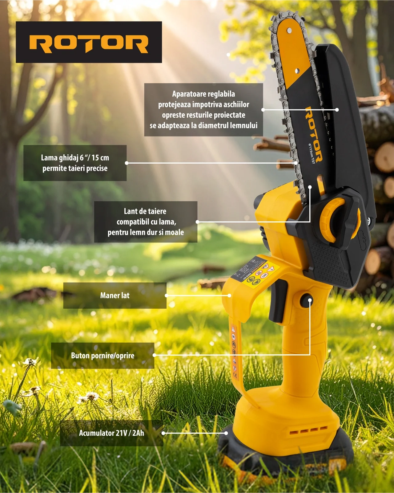 Mini drujba 6" ROTOR RBS-62, 21V / 2Ah – Fierastrau electric portabil pentru crengi si lemne mici [4]