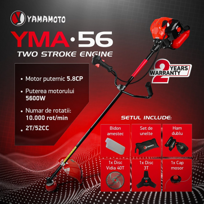 Motocoasa benzina Yamamoto YMA.56 , 2T, 5.8 CP, 10000 RPM, Accesorii Incluse [1]