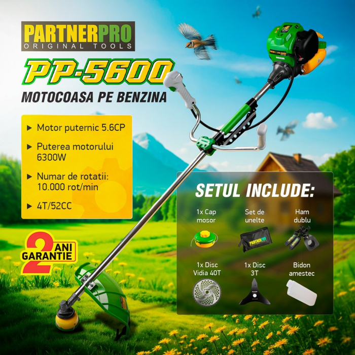 Motocoasa pe benzina PartnerPro PP5600 , 4T, 5.6CP, 52CC, Accesorii Incluse [2]