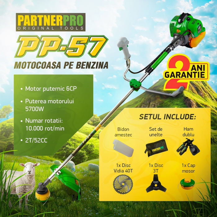 Motocoasa pe benzina PartnerPro PP57 ,6CP ,52CC, 2T, 10.000RPM Accesorii Incluse [1]