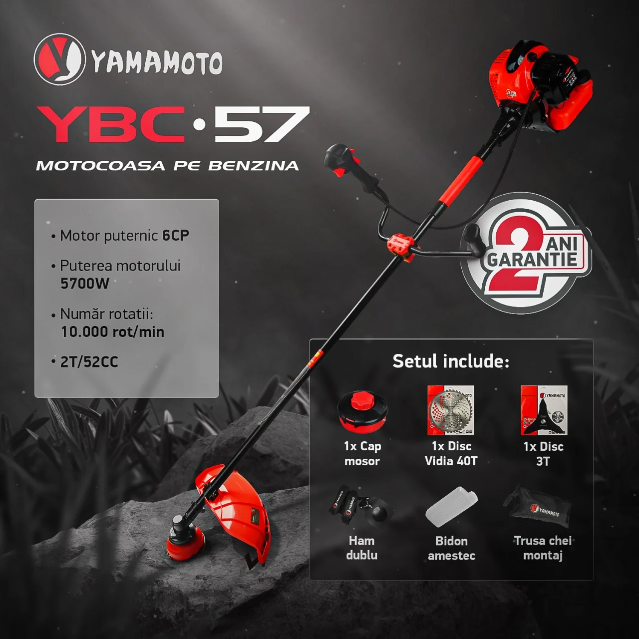 Motocoasa pe benzina Yamamoto YBC-57, 2 timpi, 6CP, 52CC