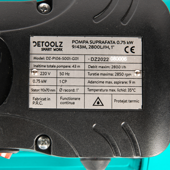 Pompa suprafata 0.75kW, 9/43m, 2800l/h, 1", Detoolz DZ-P106-S001-G01 [3]