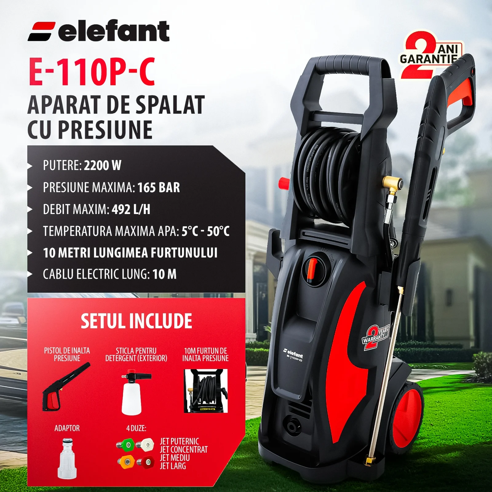 Aparate de spalat cu presiune - Aparat de spalat cu presiune ELEFANT E-110P-C, 2200W, 165 bar – Curatare suprafete profesionala