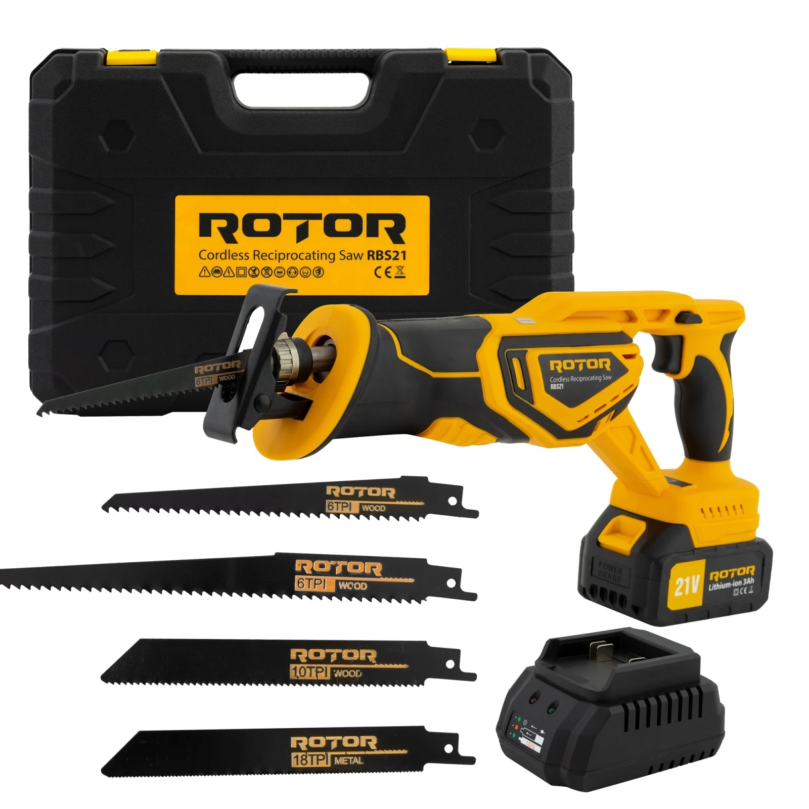 Fierastraie pendulare electrice - Fierastrau Tip Sabie cu Acumulator ROTOR RBS21, 21V/3Ah, 750W, Brushless, 2900 RPM, Set 4 Lame