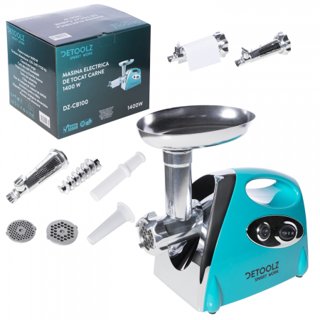 Masini tocat carne electrice - Masina electrica de tocat carne 1400W, 1.6 kg/min, accesoriu carnati, rosii, Detoolz DZ-CB100