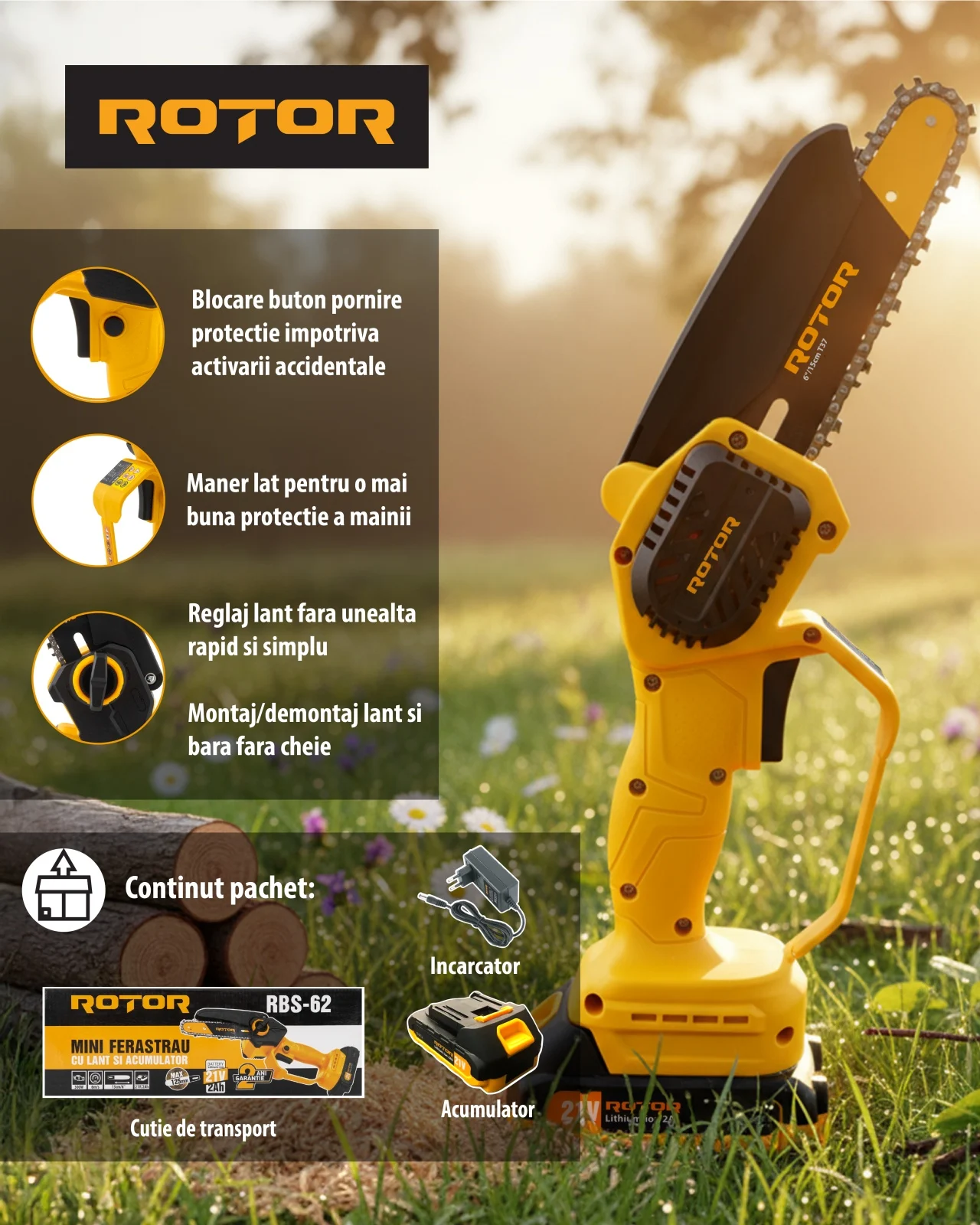 Mini drujba 6" ROTOR RBS-62, 21V / 2Ah – Fierastrau electric portabil pentru crengi si lemne mici [4]