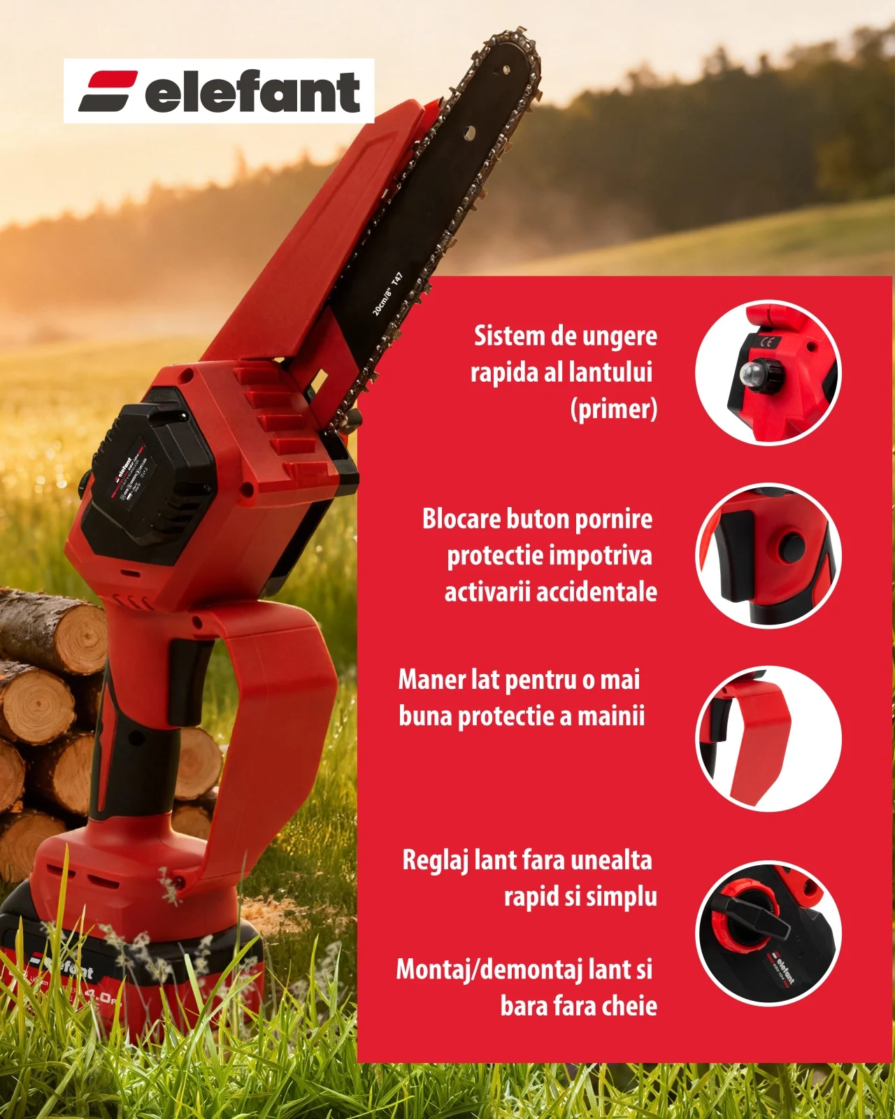 Mini fierăstrău cu lanț ELEFANT EBS-104, 20V / 4Ah, Brushless, 8" și 10" [3]