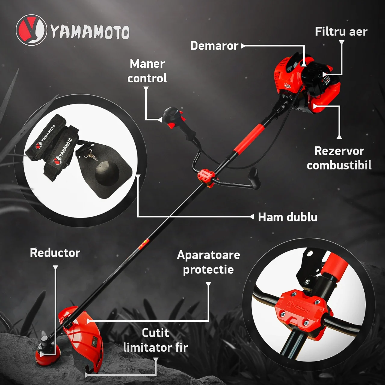 Motocoasa pe benzina Yamamoto YBC-57, 2 timpi, 6CP, 52CC, 10000RPM, Accesorii incluse [1]