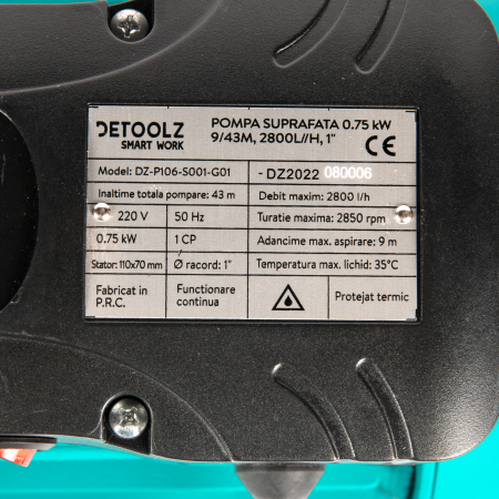 Pompa suprafata 0.75kW, 9/43m, 2800l/h, 1", Detoolz DZ-P106-S001-G01 [2]