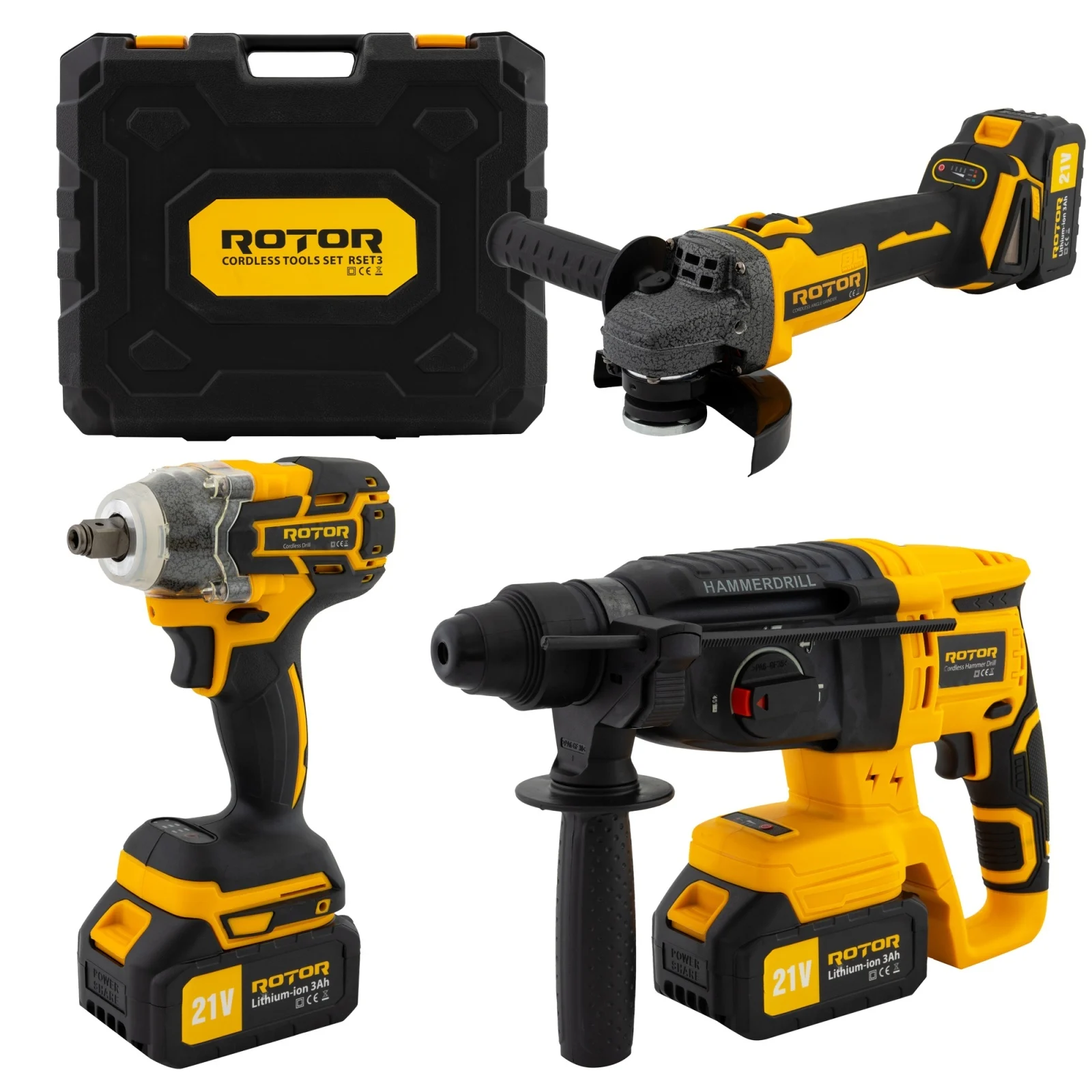 Seturi Multifunctionale - Trusă Scule 3 în 1 ROTOR RSET3, 21V 3Ah, 2 acumulatori, Rotopercutor, Polizor și Autofiletantă