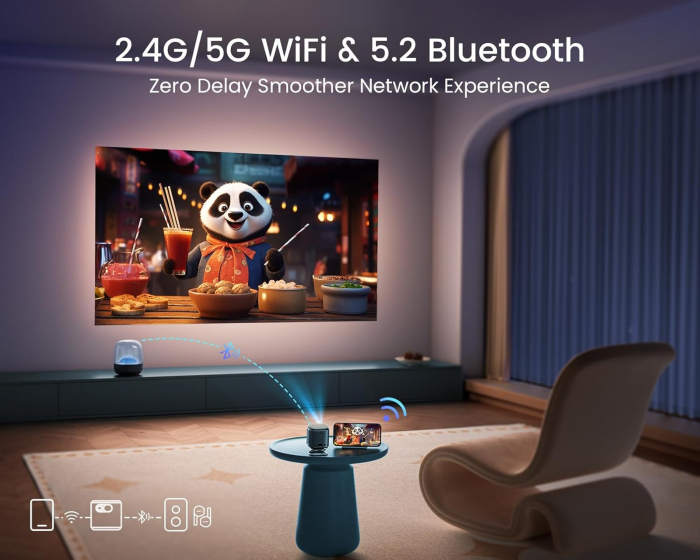 Miniproiector Wimius Q2 WiFi Bluetooth, 150 ANSI Android TV, DLP si baterie reincarcabila, portabil, difuzor 360°, suport 1080P, inteligent fara fir pentru exterior pentru telefon/HDMI/USB [6]