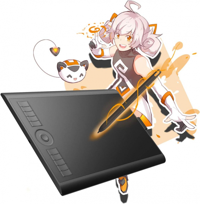 Tableta grafica GAOMON M10K 2018, 250PPS, 5080LPI, 16:9, Stylus cu 8192 niveluri de presiune, 1 tasta zoom si 10 taste express, 255x159 mm suprafata activa, Negru [1]