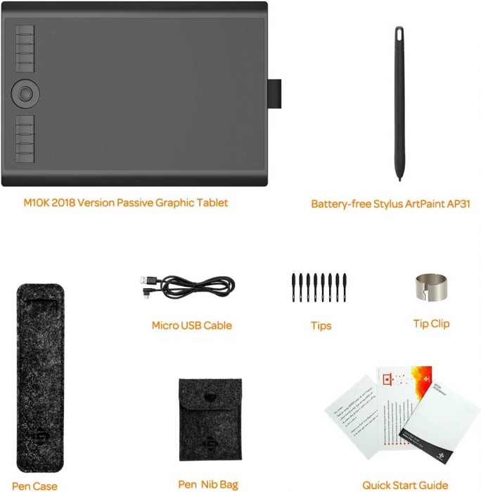 Tableta grafica GAOMON M10K 2018, 250PPS, 5080LPI, 16:9, Stylus cu 8192 niveluri de presiune, 1 tasta zoom si 10 taste express, 255x159 mm suprafata activa, Negru [6]