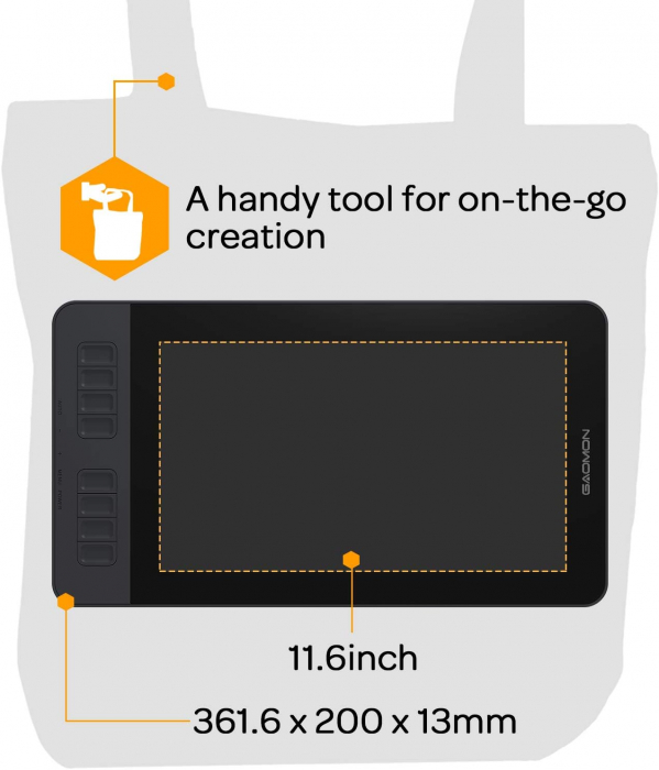 Tableta grafica GAOMON PD1161, Display, 11.6", IPS HD, Stilou cu 8192 niveluri de presiune, 8 taste de comanda rapida, Negru [9]