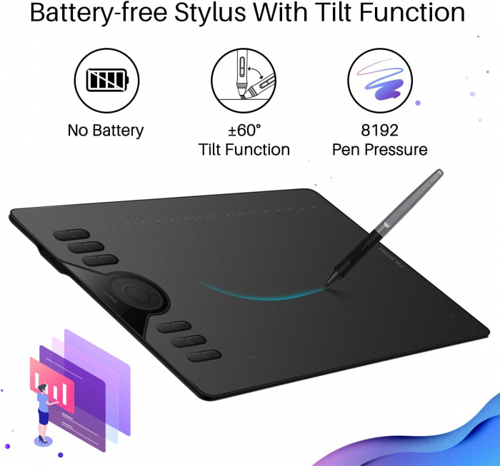 Tableta grafica, HUION HS610,10x6.25", 12+16 taste programabile, Touch Multifunctional, 266 PPS, 8192 niveluri presiune, PW100 Pen fara baterie, TILT ±60°, include 8 varfuri rezerva [4]