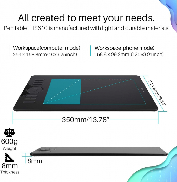 Tableta grafica, HUION HS610,10x6.25", 12+16 taste programabile, Touch Multifunctional, 266 PPS, 8192 niveluri presiune, PW100 Pen fara baterie, TILT ±60°, include 8 varfuri rezerva [3]