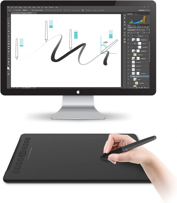 Tableta grafica profesionala HUION Inspiroy H1161 11x6.8" compatibila Windows, MacOS si Android, 10+16 taste programabile, Touch Bar, 266 PPS, 8192 niveluri presiune, PW100 Pen fara baterie, TILT ±60° [2]