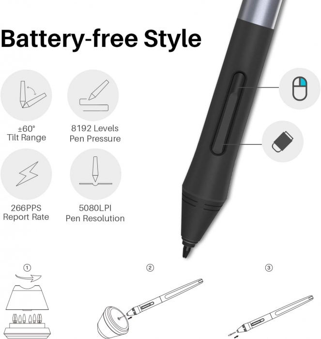 Tableta grafica profesionala HUION Inspiroy H1161 11x6.8" compatibila Windows, MacOS si Android, 10+16 taste programabile, Touch Bar, 266 PPS, 8192 niveluri presiune, PW100 Pen fara baterie, TILT ±60° [4]