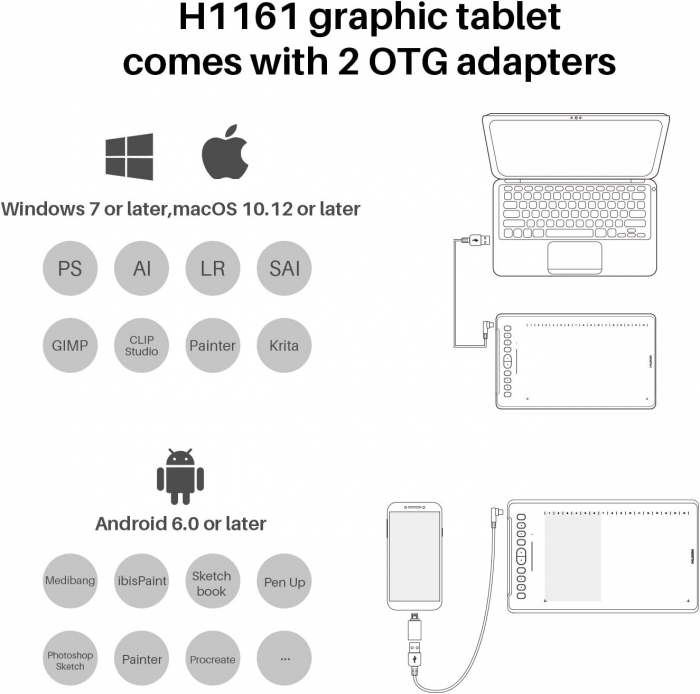 Tableta grafica profesionala HUION Inspiroy H1161 11x6.8" compatibila Windows, MacOS si Android, 10+16 taste programabile, Touch Bar, 266 PPS, 8192 niveluri presiune, PW100 Pen fara baterie, TILT ±60° [3]