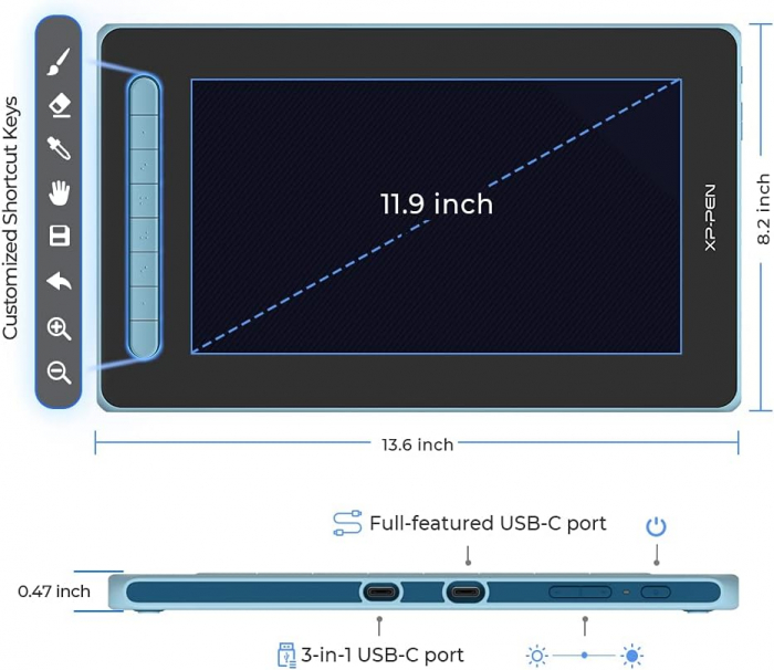 Tableta grafica XP-PEN Artist 12 GEN 2, 11.9" FHD Laminat, TILT, USB Type-C, 94% RGB, include Pen X3 Elite, Manusa, 10 varfuri de rezerva, Albastru [3]