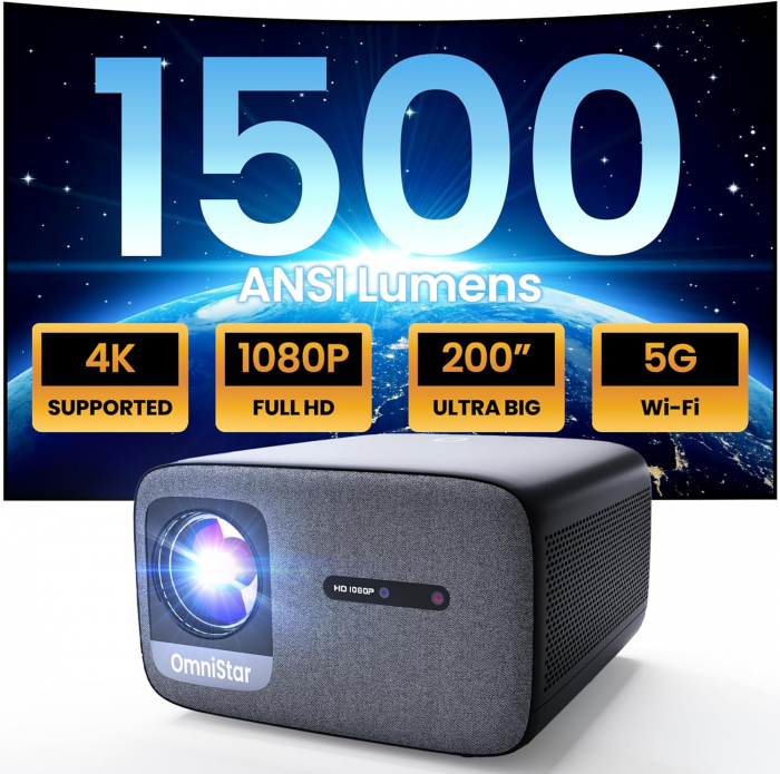 Videoproiector Casiris OmniStar L80, 1500 ANSI Lumeni, Full HD 1080P Bluetooth 5G WiFi, Suportat 4K, Focalizare automata/Correctie trapezoidala, Difuzoare 30W, Compatibil cu iOS/Android/HDMI/USB/TV St [1]