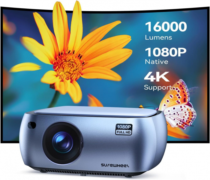 Videoproiector SUREWHEEL K10 12000 LM 1080P Full HD, 4K acceptat WiFi 6, portabil corectie 4P/4D pentru iOS, Android, Windows HDMI USB AV [1]
