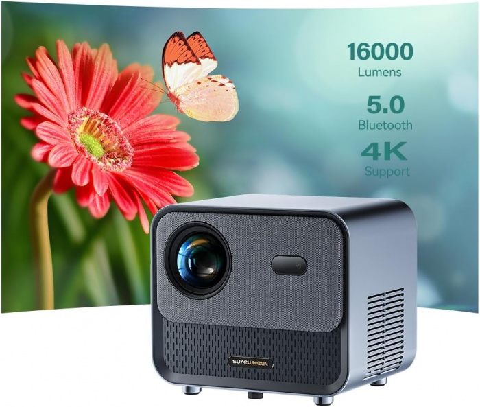 Videoproiector SUREWHEEL SW30 12000 Lumeni 4K AutoFocus 5G WiFi Bluetooth, 1080P Corectie Keystone/Zoom/Sistem Smart TV, Compatibil cu Smartphone/Tableta/Laptop/TV Stick/PS5/HDMI [1]
