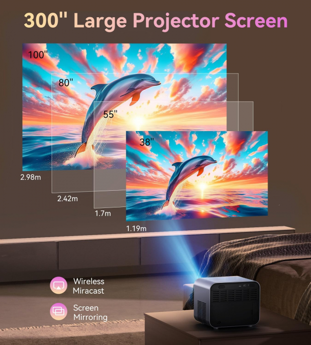 Videoproiector SUREWHEEL SW30 12000 Lumeni 4K AutoFocus 5G WiFi Bluetooth, 1080P Corectie Keystone/Zoom/Sistem Smart TV, Compatibil cu Smartphone/Tableta/Laptop/TV Stick/PS5/HDMI [2]