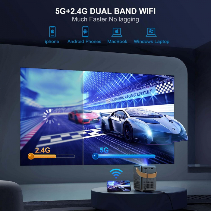 Videoproiector Wimius P61 WiFi Bluetooth 8000 Lumeni portabil, 1080P Full HD 5G USB 2.0 Gri ​​pentru Home Cinema, iOS/Android/Loptop/USB/PS5/AV [4]