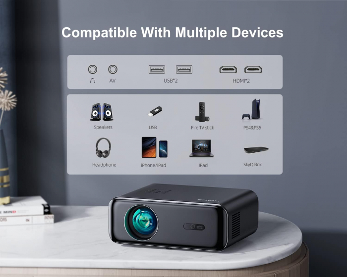 Videoproiector Wimius P62 WiFi 6 si Bluetooth 5.2, 500 ANSI 4K, nativ 1080P, Keystone 6D automat si zoom 50%, Smart Home pentru telefon/PC/TV Stick [8]