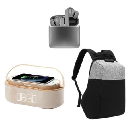 Boxe Portabile - Căști BLAUPUNKT Wake UP Set - Rucksack Herren Ultraleicht + Kopfhörer kabellos Bluetooth In-Ear mit LED-Case + Radiowecker mit Induktionsladegerät