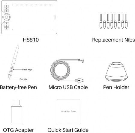 Tableta grafica, HUION HS610,10x6.25", 12+16 taste programabile, Touch Multifunctional, 266 PPS, 8192 niveluri presiune, PW100 Pen fara baterie, TILT ±60°, include 8 varfuri rezerva [6]