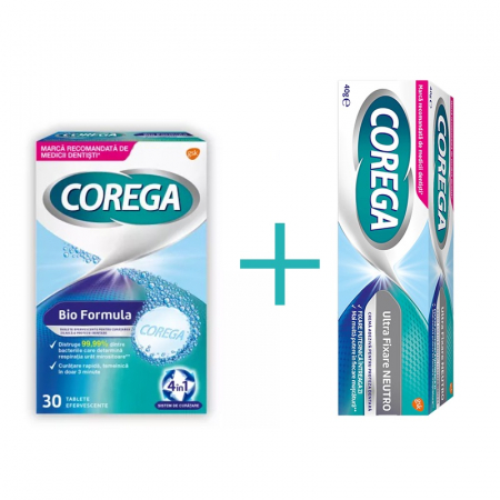 Igiena orala - Corega Ultra Fixare Neutro x 40 g + Corega Tablete Bio Formula 3D x 30 tb. efervescente (90% reducere)