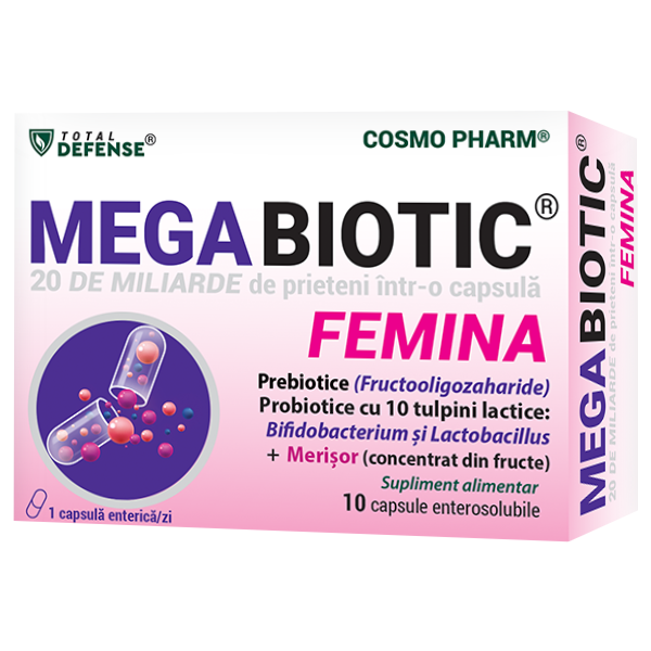 Probiotice, prebiotice și sinbiotice - Cosmo Pharm Total Defense MegaBiotic Femina 20 miliarde UFC x 10 cps. enterosolubile
