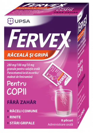 Raceala si gripa - Fervex Raceala Si Gripa Pentru Copii Fara Zahar 280mg/100mg/10mg Granule Pentru Solutie Orala x 8 pl.