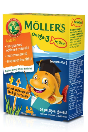 Afectiuni circulatorii - Moller's Omega 3 Pestisori Gumati Aroma Lamai si Portocale x 36 jeleuri