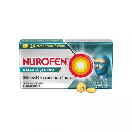 Raceala si gripa - Nurofen Raceala si Gripa 200mg/30mg x 24 cpr. film.