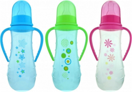 Puericultura - Primii Pasi Biberon Polipropilena Decorat Cu Manere Si Capac Anti-Curgere 0-3 Luni x 275 ml
