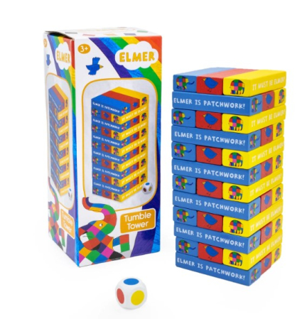Puzzle si jocuri - Elmer Tumble Tower Game - Wooden Stacking Set With Dice