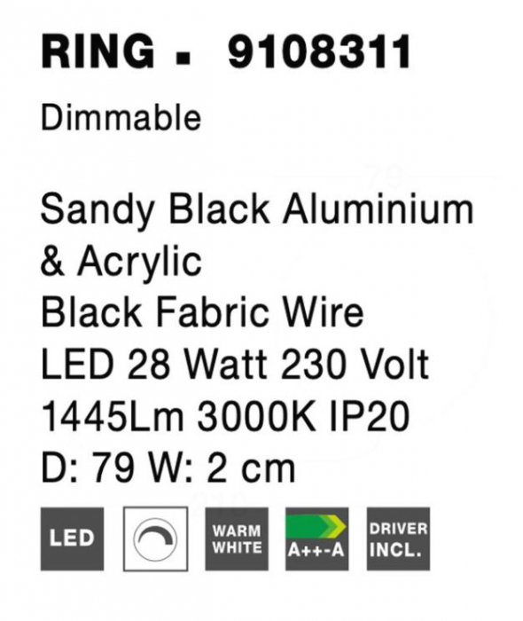 Aplica de perete LED RING cu intrerupator, neagra, 3000K, 1445 lm, diametru 79 cm - NOVA LUCE [8]
