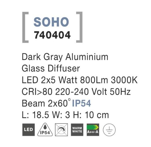Aplica pentru perete exterior LED SOHO, gri inchis, 3000K, IP54, flux 800 lm, lungime 18.5 cm - NOVA LUCE 740404 [3]