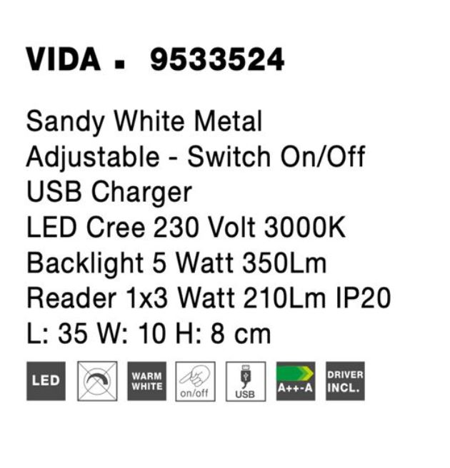 Aplica perete LED VIDA alba, spot stanga, 3000k, 350 lm, USB, lungime 35 cm - NOVA LUCE [6]