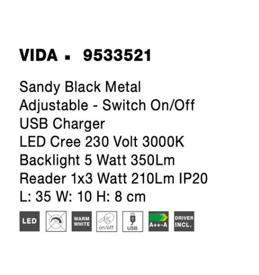 Aplica perete LED VIDA neagra, spot dreapta, 3000k, 350 lm, USB, lungime 35 cm - NOVA LUCE [7]