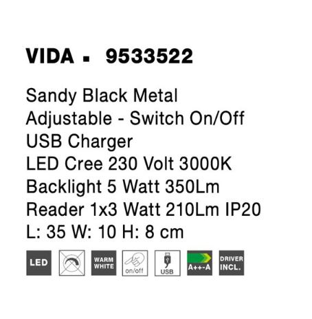 Aplica perete LED VIDA neagra, spot stanga, 3000k, 350 lm, USB, lungime 35 cm - NOVA LUCE [6]