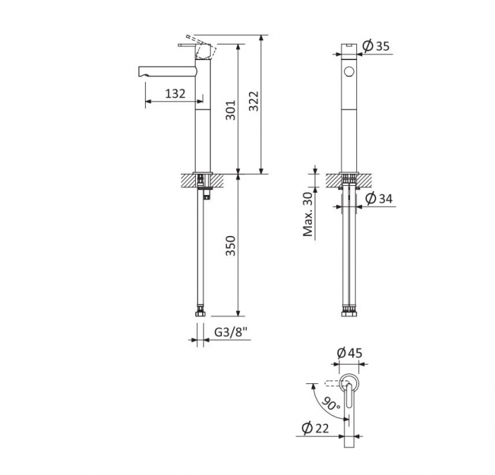 Baterie baie pentru lavoar inalta SENSE, crom, monocomanda, inaltime 30 cm - SPATIO [3]