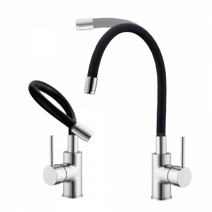 Baterie bucatarie pentru chiuveta cu pipa flexibila, FLEXI, monocomanda, negru/crom - CASA BLANCA [2]