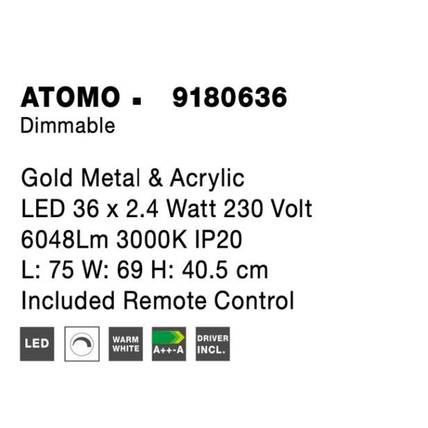 Lustra tip plafoniera LED ATOMO, auriu/alb, dimabila, 3000K, 6048 lm, lungime 75 cm - NOVA LUCE [6]