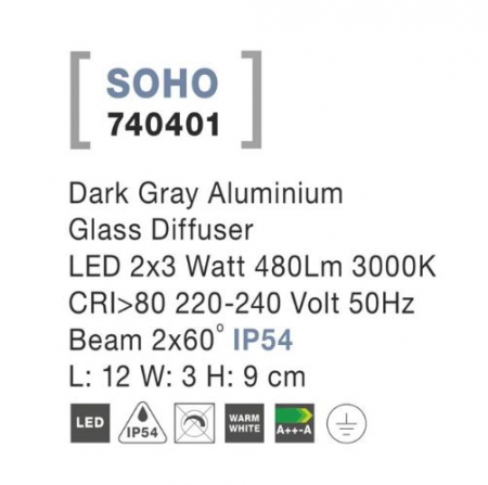 Aplica pentru perete exterior LED SOHO, gri inchis, 3000K, IP54, flux 480 lm, lungime 12 cm - NOVA LUCE 740401 [4]