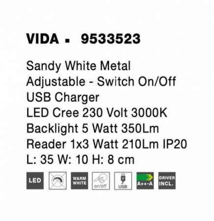 Aplica perete LED VIDA alba, spot dreapta, 3000k, 350 lm, USB, lungime 35 cm - NOVA LUCE [6]